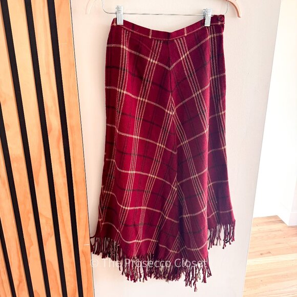 VINTAGE Christmas Plaid Fringe Midi Skirt Wool Blend by JG Hook (S) - Picture 2 of 7
